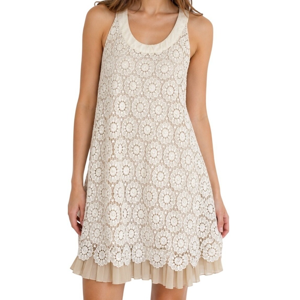 Altar'd State Women's M‎ Ivory Floral Crochet Lace Pleated Sleeveless Boho Dress